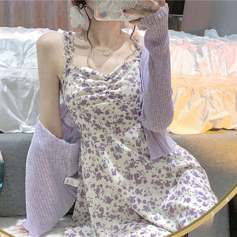 Sonicelife hoco dresses Floral Slip Dress Ladies Mini A-line Strap Dress  High Waist Ruched Purple Sundress For Women Spring  Clothing Robe Femme Fairy Dress