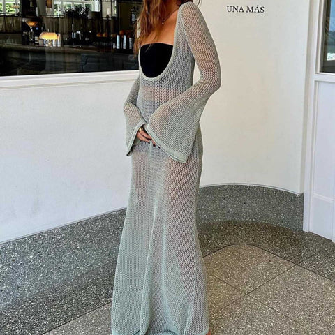 Sonicelife Early Autumn New Cross border Backless Long Sleeve Perspective Mesh Long Dress from Europe and America