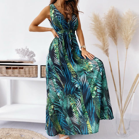 Sonicelife   V Neck Dress Vintage Floral Print Backless Maxi Dress Elegant Summer Beach Sleeveless Lace-Up Boho Dresses Vestidos