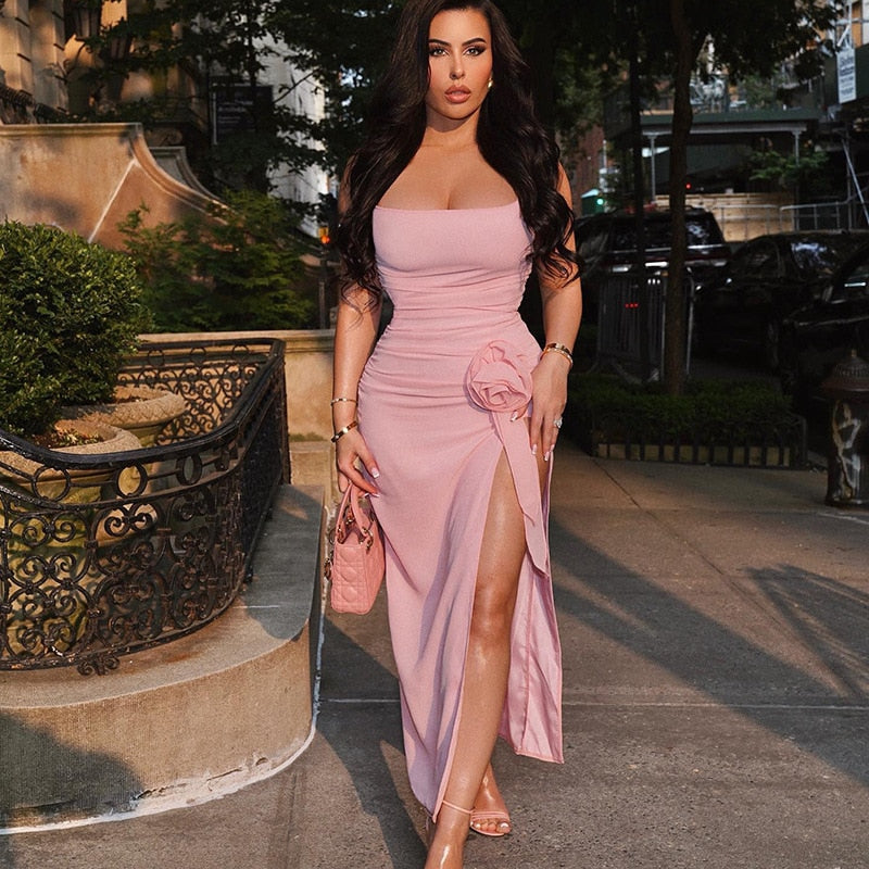 Sonicelife  New Fashion Stitching Flowers Sexy Mid Slit Slim Solid Color Camisole Dress Club Party Dress Vestidos