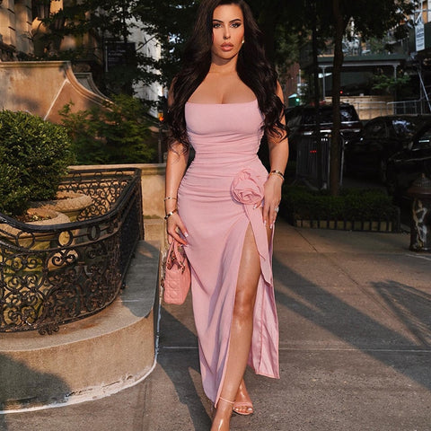 Sonicelife  New Fashion Stitching Flowers Sexy Mid Slit Slim Solid Color Camisole Dress Club Party Dress Vestidos