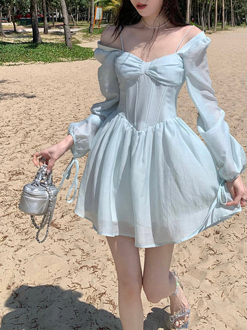 Sonicelife hoco dresses  Long Sleeve Dress Female Blue Sweet A-Line Summer High Waist Vintage Slim Fairy Dress Princess Dress Sundress Beachwear Holiday Fairy Dress