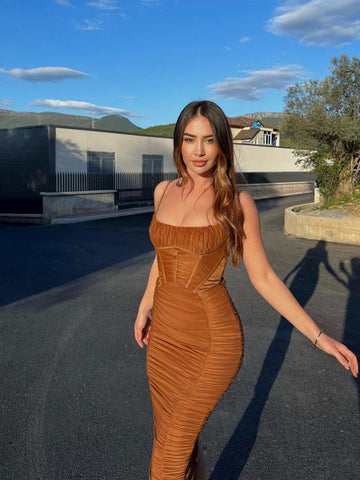 Sonicelife Long Evening Party Dresses Mesh Wedding Guest Dinner Maxi Dress  Elegant Ruched Spaghetti Strap Dresses For Women 2024 Lined