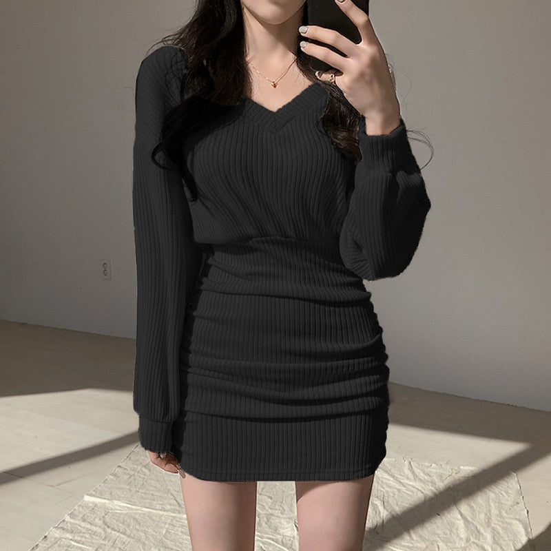 Sonicelife hoco dresses Harajuku Korean Fashion Cinched Waist Long Sleeve Rib Knit Mini Dress (Beige/Black)