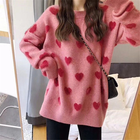 Sonicelife  Korean Style Heart Print Knitted Sweater Women Kawaii Pink Oversize Creweck Long Sleeve Jumper Causal Pullover Tops
