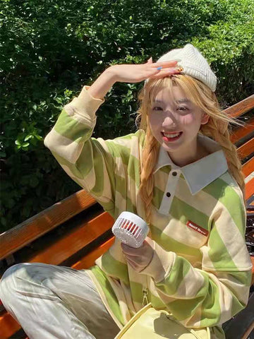 Sonicelife  Kawaii Green T-Shirts Women Korean Fashion Oversize Long Sleeve Striped Print Tshirt Female Spring Autumn Tops Girl
