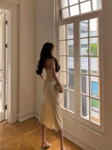 Sonicelife   Summer Aesthetic Midi Dress Women Strapless Fishbone Bandage Irregular Dress Party Club Sexy Elegant Dresses Backless Solid