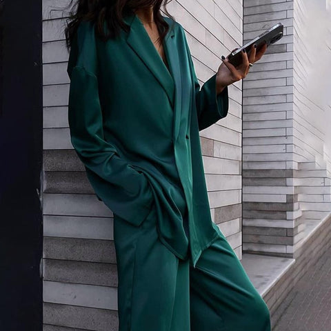 Sonicelife  2022 Women Elegant High Street Commute Buttoned Blazer + Draped Long Pants Outfits New Fashion Casual Satin Suit Two Piece Set