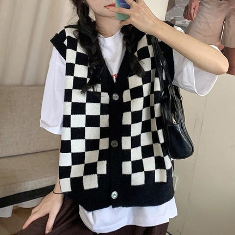 Sonicelife  Korean Style Checkerboard Knitted Sweater Vest Women V-neck Oversized Plaid Preppy Fashion Sleeveless Knitwear Jacket