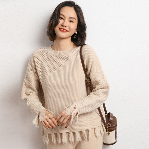 Sonicelife 2024 Autumn and Winter New Women's Tassel Short Round Neck Pullover Hollow Cashmere Sweater