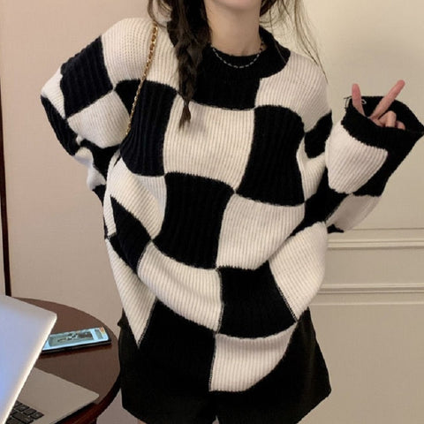 Sonicelife Korean Fashion Plaid Sweater Oversize Retro Vintage Clothes Autumn Winter Checkerboard Knit Jumper Black Pullover