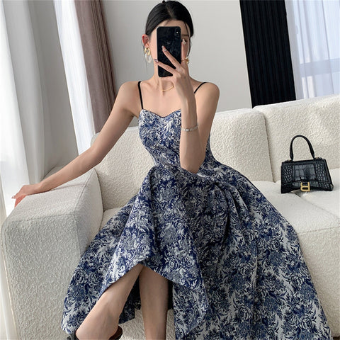 Sonicelife   Elegant Women Fashion New Floral Casual Midi Dress Spaghetti Strap Slim A-Line Maxi Vestidos Female Chic Vintage Mujers Robe