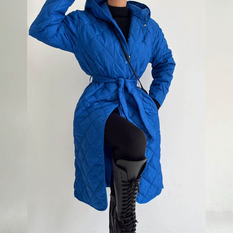 Sonicelife  autumn  winter 2024 hooded rhombus cotton jacket women's autumn and winter coat new casual all-match waist long cotton coat women