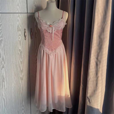 Sonicelife Floral Vintage Elegant Strap Dress Women Lace France Sexy Evening Party Long Dresses Pink Sweet Princess Fairy Dress Summer