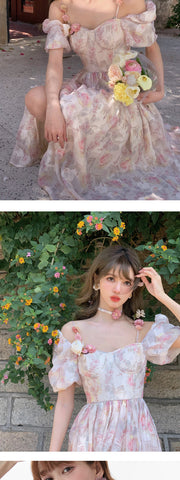 Sonicelife 2024 New   Floral Sweet France Vintage Dress Women Print Casual Elegant Evening Party Midi Dress Chiffon Korea Boho Beach Dress Summer