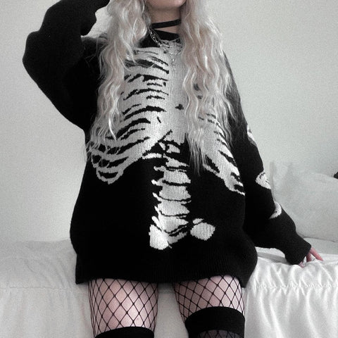 Sonicelife Halloween Gothic Aesthetic Skeleton Sweaters Grunge Punk Loose Black Women Winter Pullovers camisola feminina plus size