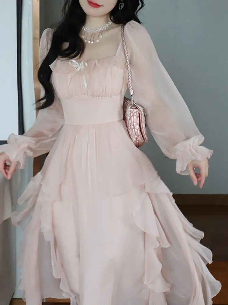 Sonicelife   Summer Pink Chiffon Vintage Fairy Dress Women Korean Style Elegant Party Midi Dress Female Court Retro Flare Sleeve Dresses