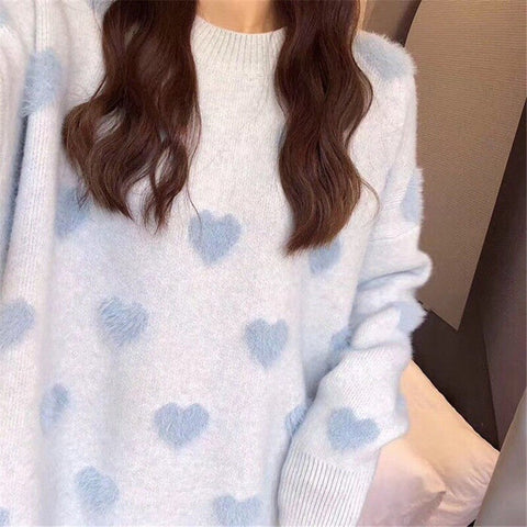 Sonicelife  Korean Style Heart Print Knitted Sweater Women Kawaii Pink Oversize Creweck Long Sleeve Jumper Causal Pullover Tops
