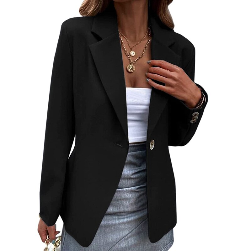 Sonicelife  Single Button Blazers Women Solid Coats Notched Long Sleeves Khaki Autumn Casual Jackets Office Lady Casual Suits Blazer
