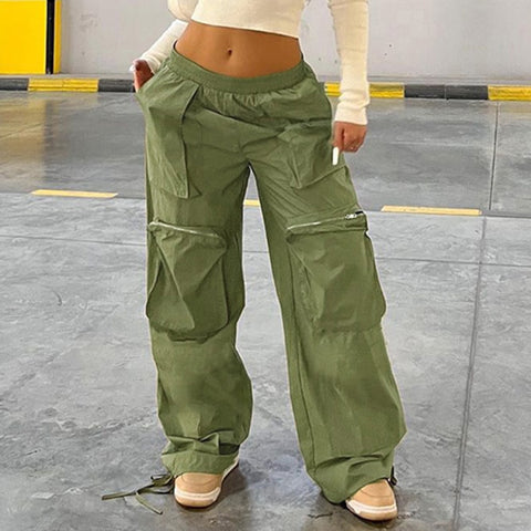 Sonicelife Halloween Y2k Green Cargo Pants for Women Big Pockets Baggy Straight Jogging Sweatpants Trousers Streetwear Drawstring Parachute Pants