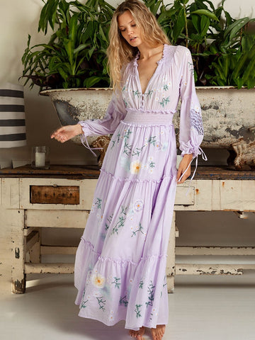 Sonicelife Floral Embroidery Long Dress Women Autumn Elastic Waist A Line  Printed Dresses Bohemian Retro V-neck Lantern Sleeve Robe