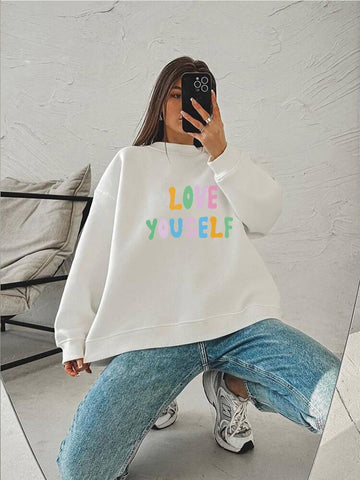 Sonicelife Hip Hop Streetwear women Hoodie Letter Printed Harajuku Oversize Long Sleeve sweatshirt Female Vintage Casual Tops