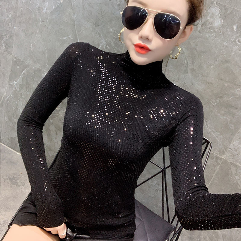 Black Friday Sonicelife Shinny Sequin T Shirt Women  Basic Turtleneck T Shirt For Women Long Sleeved Slim Tight T-Shirt Femme Tee Shirt