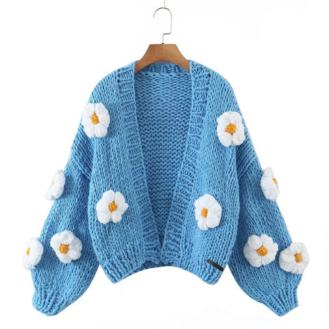 Sonicelife 2024 Women's Cardigans Multicolor Floral Knitted Decoration Long Sleeve Loose Coats Warm Sweaters 3 Colors