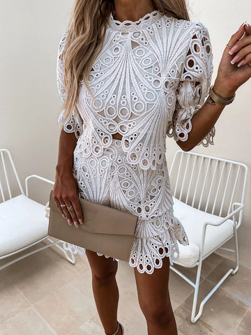 Sonicelife  Summer Elegant Outfits Fashion Embroidery Crochet Lace Hollow Out Women 2 Piece Set Back Zipper Casual Short Sleeve Shorts Suits