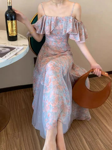 Sonicelife  Floral Dress Women Off Shoulder Vintage French Elegant Sexy Spliced Lady Summer Gentle Slim Temper Платье Женское Sweet Designer