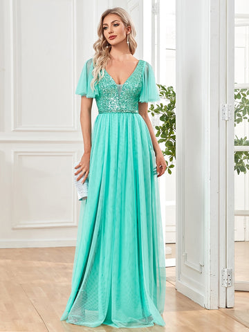 Sonicelife Elegant Sequins Evening Dress Elegant V-Neck A-line Ruffles Chiffon Robe Short Sleeves Formal Wedding Party Dresses