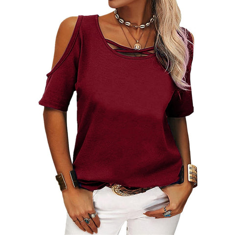 Sonicelife  2024  Cold Shoulder Women Tee Shirts Solid Tops Cross O Neck Short Sleeves Summer Casual Loose Office Lady Tshirt