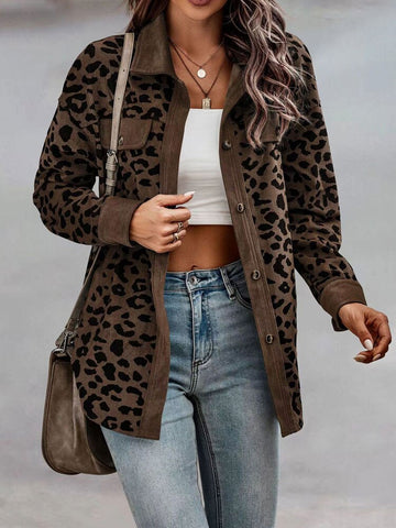 Sonicelife 2024 Autumn New Fall Outfits Leopard Jacket Women Vintage Corduroy Jacket Coat Female Overshirt Long Sleeve Winter Fashion Loose Shirt Jackets