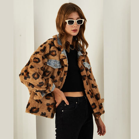 Womens Denim Fur Jacket Double Side Short Leopard Denim Coat Ladies Thick Warm Winter Blue Jeans Jacket Women 2023