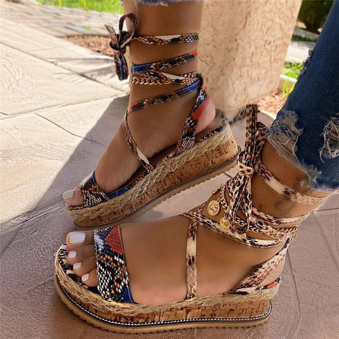 Back to school outfit Sonicelife  2022 Summer Sandals Shoes Woman Snake Pattern Platform Thick Bottom Wedge Heel Bandage Ladies Beach Party Sandals