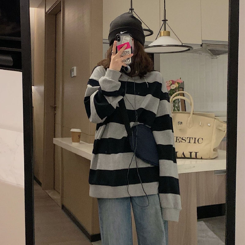 Black Friday Sonicelife Korean Fashion Stripe Print Hoodies Women Harajuku Vintage Oversized Sweatshirts Casual Long Sleeve Loose Pullover Tops