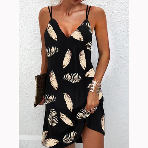 Back to school outfits  Sonicelife  Women  V Neck Printed Dress 2023 Summer Fashion Casual Loose Sleeveless Dress Female Beach Party Black Sling Mini Dresses
