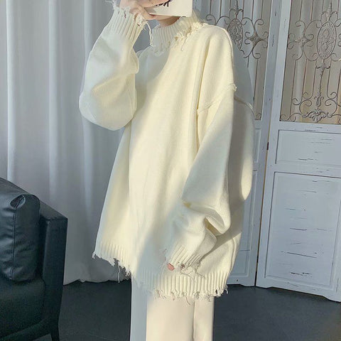 Sonicelife  Grunge Gothic Black Oversize Sweater Women Korean Style Harajuku Vintage Beige Turtleneck Jumper Female Pullover Tops
