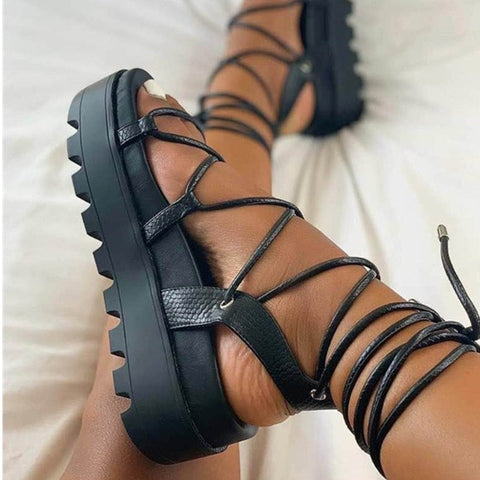 Sonicelife  Woman Gladiator Platform Sandal Ladies Ankle Wrap Wedge Female Fashion Lace Up Shoe Women Non Slip Women's Footwear Plus Size 43