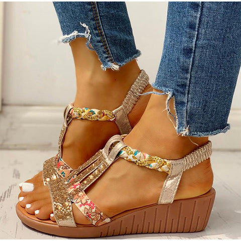 Sonicelife Women's Sandals Summer Bohemia Platform Wedges Shoes Crystal Gladiator Rome Woman Beach Shoes Casual Elastic Band Female