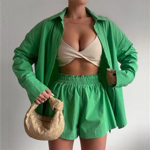 Sonicelife 2024 Women Tracksuit Y2K Two Piece Set Green Long Sleeve Shirt and Mini Shorts Female Summer Suits Lady Fashion Outfits
