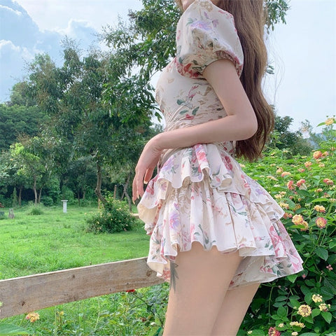 Sonicelife hoco dresses Summer French Romantic Floral Mini Romper Square Collar Flowers Printed Chiffon Tiered Playsuit Cute Kawaii Feminine Romper  Fairy Dress