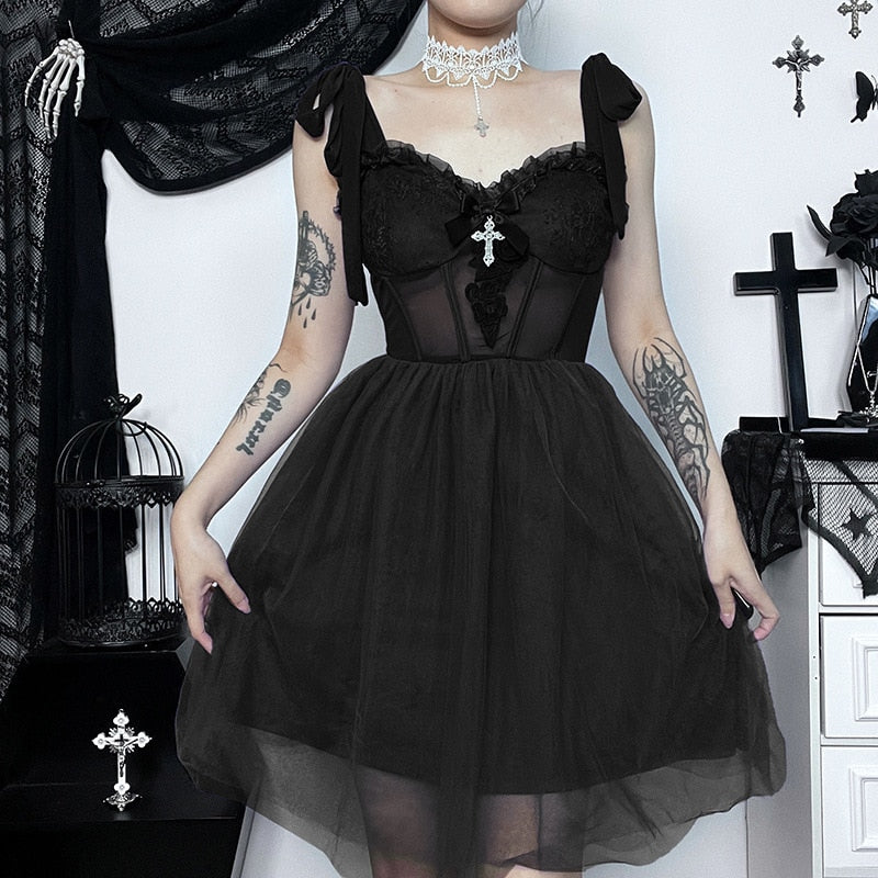 Sonicelife hoco dresses Halloween Gothic Y2K Dark Mesh See Through Corset Mini Dress Elf Girl Backless Slim  E-Girl Darkness Street Grunge Tank Dress