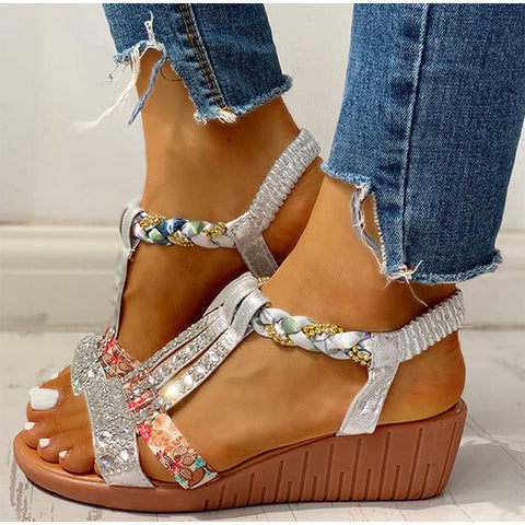 Sonicelife Women's Sandals Summer Bohemia Platform Wedges Shoes Crystal Gladiator Rome Woman Beach Shoes Casual Elastic Band Female