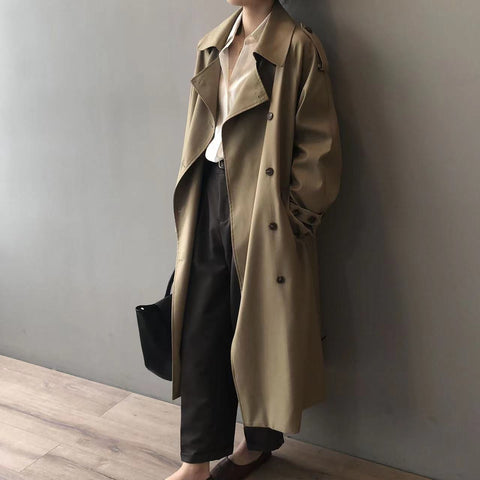 Sonicelife 2024 Autumn New Fall Outfits Classic Khaki Long Trench Coats Women Oversize Korean Fashion Belt Windbreaker Fall Spring Overcoat Double Breasted