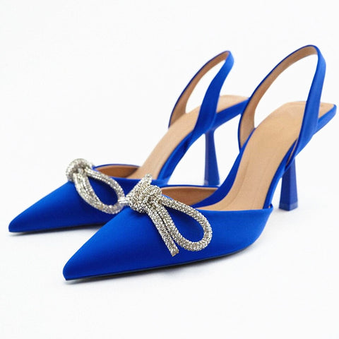 Sonicelife  New Women Sandals Pointed Toe Butterfly Knot Crystal  Female Pumps Flock Thin Heel  Plus Size Ladies Summer Fashion Shoes