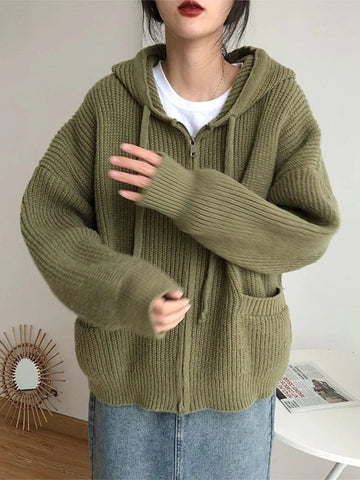 Sonicelife Women Vintage Zipper Hooded Cardigan Sweater Long Sleeve New Knitwear Tops Loose Coat Korean Autumn Winter Women's Clothes 2024