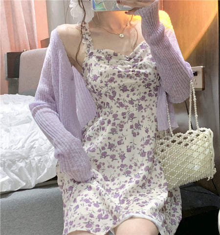 Sonicelife hoco dresses Floral Slip Dress Ladies Mini A-line Strap Dress  High Waist Ruched Purple Sundress For Women Spring  Clothing Robe Femme Fairy Dress