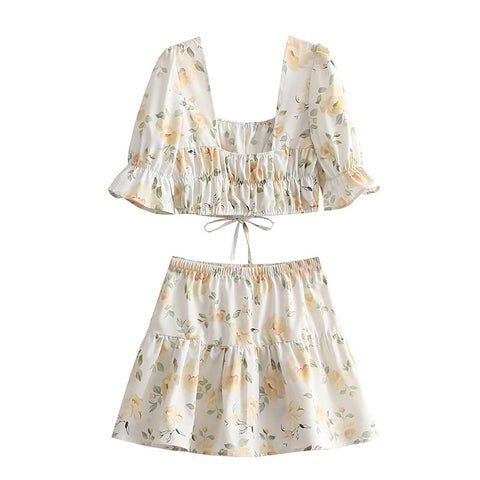 Sonicelife hoco dresses 2024 New  Retro Floral Print Women Summer Boho Dress Set Suits Vintage Blouse Two Pieces Matching Sets White Beach Mini Dress