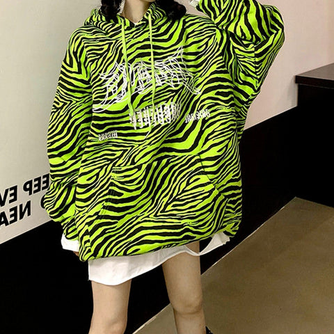 Sonicelife  Gothic Streetwear Zebra Print Oversize Green Hoddie Women Punk Harajuku Hip Hop Sweatshirt Female Pullover Black Tops